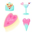 Saint Valentine s day vector set. Envelope with hearts, martini, cake and icecream Royalty Free Stock Photo