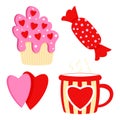 Saint Valentine s day vector set. Pancake, sweet, mug with heart, 2 hearts