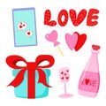 Saint Valentine s day vector set. Shampagne, hearts, blue box, phone