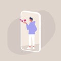 Saint Valentine`s Day, Young male character blowing kisses on a smartphone screen