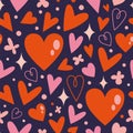 Saint Valentine's seamless pattern with various cute hearts on a dark background, cartoon style. Trendy modern Royalty Free Stock Photo