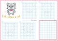 Saint Valentine step by step drawing worksheet. How to draw a cat. Complete the picture by example activity. Vector love holiday Royalty Free Stock Photo