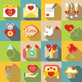 Saint Valentine symbols icons set, flat style