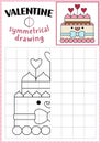 Saint Valentine symmetrical drawing worksheet. Complete the cake picture. Vector love holiday writing practice worksheet.