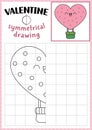 Saint Valentine symmetrical drawing worksheet. Complete the hot air balloon picture. Vector love holiday writing practice