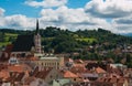 Saint Vitus Church and cityscape Cesky Krumlov, Czech republic. Sunny summer day.