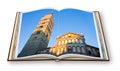 Saint Zeno cathedral church in Pistoia city at sunset Tuscany - Italy - 3D render of an opened photo book isolated on white