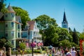 Sainte Anne`s church peaking up over the tree line from downtown Mackinac Island Michigan