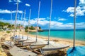 Sainte Maxime sand turquoise beach and sailboats view Royalty Free Stock Photo