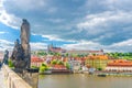 Saints Cyril and Methodius statue on Charles Bridge Karluv Most over Vltava river Royalty Free Stock Photo