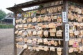 Traditional wooden prayer tablet Ema at Washinomiya Shrine in Kuki, Saitama, Japan. The Shrine