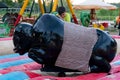 Sakaryabasi, Cifteler, Eskisehir, Turkey - July 15 2022: View of a mechanical bull machine with the player child