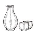 Sake alcohol bottle japan or japanese traditional food doodle hand drawn sketch with outline style Royalty Free Stock Photo