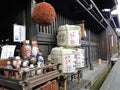 Sake Barrels, storage in traditional bamboo buckets,