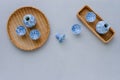 Sake bottle and cup on table background. Top view Royalty Free Stock Photo