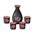 Sake bottle flasks painted with sakura. Black decorated bottles with sake, rice wine and cups isolated on white Royalty Free Stock Photo