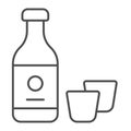 Sake bottle and two glasses, alcoholic beverage thin line icon, asian food concept, drink vector sign on white