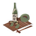 Sake glass, bottle and japan hieroglyph. Vector color flat cartoon illustration Royalty Free Stock Photo