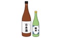 Sake with hand-drawn analog touch, set of one and four bottles