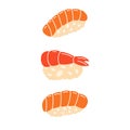Sake nigiri, toro sushi, ebi sushi. Japanese cuisine, traditional food. Vector illustration.