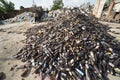 Sakonnakhon province,Thailand, october 18,2019: pile used glass bottles