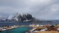 Sakrisoy and Hamnoya on Reinefjorden from mountain on the Lofoten in Norway in winter