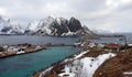 Sakrisoy and Hamnoya on Reinefjorden from mountain on the Lofoten in Norway in winter