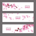 Sakura banners. Spring japanese cherry flower blossom and branches, falling pink sakura petals, springtime april sale