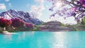 Sakura blooming in spring against the backdrop of mountains and lakes. Travel and adventure, amazing landscape of lost