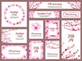 Sakura blossom cards. Cherry flowers, japan floral wedding invitation. Flying petal, japanese asian spring summer flyers