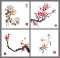 Sakura blossom, chrysanthemum and lily flowers on white background. Traditional oriental ink painting sumi-e, u-sin, go