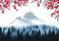 Sakura blossom, misty forest and distant mountains. Traditional oriental ink painting sumi-e, u-sin, go-hua.