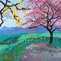 Sakura blossom oil painting landscape, tree japan Royalty Free Stock Photo