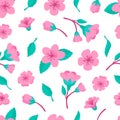 Sakura blossom seamless pattern. Pink flowers, petals and green leaves. Floral fabric print design, japanese plants Royalty Free Stock Photo