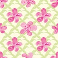 Sakura blossom seamless vector pattern background. Cherry pink petals on green leaf lattice backdrop. Feminine repeat Royalty Free Stock Photo