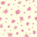 Sakura blossom seamless vector pattern background. Scattered cherry petals leaves pink pastel on yellow backdrop