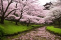 Sakura blossoms in japanese style ornamental garden, beautiful landscape. Generative AI Royalty Free Stock Photo