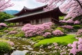 Sakura blossoms in japanese style ornamental garden, beautiful landscape. Generative AI Royalty Free Stock Photo