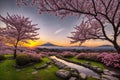 Sakura blossoms in japanese style ornamental garden, beautiful landscape. Generative AI Royalty Free Stock Photo