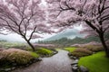 Sakura blossoms in japanese style ornamental garden, beautiful landscape. Generative AI Royalty Free Stock Photo