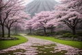 Sakura blossoms in japanese style ornamental garden, beautiful landscape. Generative AI Royalty Free Stock Photo