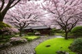 Sakura blossoms in japanese style ornamental garden, beautiful landscape. Generative AI Royalty Free Stock Photo