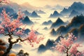 sakura blossoms in spring season. Cherry pink petals against fogy mountains landscape. Royalty Free Stock Photo