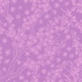 Sakura Branch With Flowers Line Art Vector Seamless Pattern On Violet Background. Spring Repeated Background With Japanese Cherry