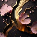 Sakura branches. 3d Japanese style floral textured pattern. Art Deco modern painted vector background. Pink and gold 3d blossom
