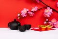 Sakura Cherry Blossom, Black Chinese Teapot and Glass Golden Ingot and Red Envelope