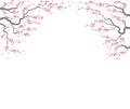 Sakura cherry blossom tree card frame. Vector drawing. Japanese pink flower prunus tree branch. Spring blossom. Graphic