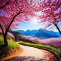 Sakura Cherry blossoming Wonderful scenic park with rows of blooming cherry sakura trees in Pink flowers of cherry