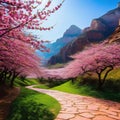 Sakura Cherry blossoming Wonderful scenic park with rows of blooming cherry sakura trees in Pink flowers of cherry