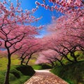 Sakura Cherry blossoming Wonderful scenic park with rows of blooming cherry sakura trees in Pink flowers of cherry